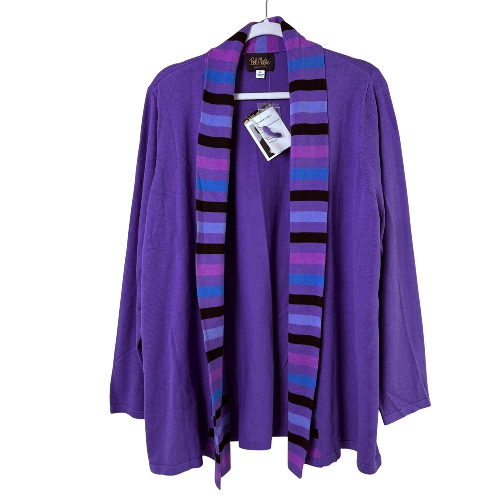 Bob Mackie Cardigan Womens XL Purple Striped Shawl Collar Open Front A259408 NEW